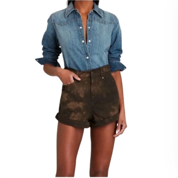 Retrofete Haisley Acid Washed Paper Bag Shorts Womens 24 Brown Denim High Rise